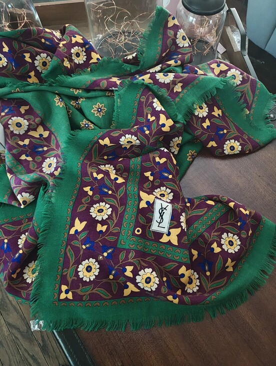 Yves Saint Laurent Accessories - Yves Saint Laurent Green & Purple Floral Wool/Silk Scarf. Approx 54 X 54